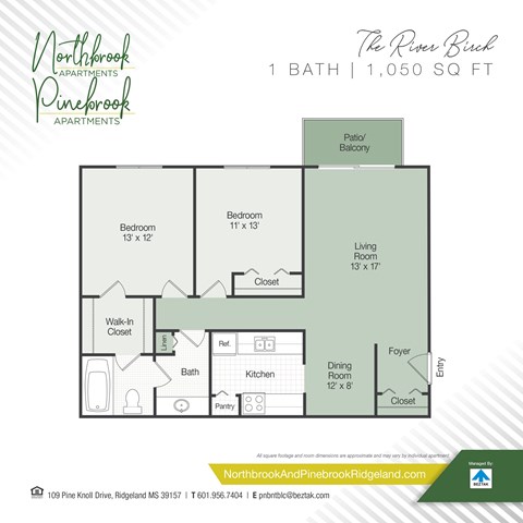 Floor plan for 2 beds, 1 bath, 1050 sqft